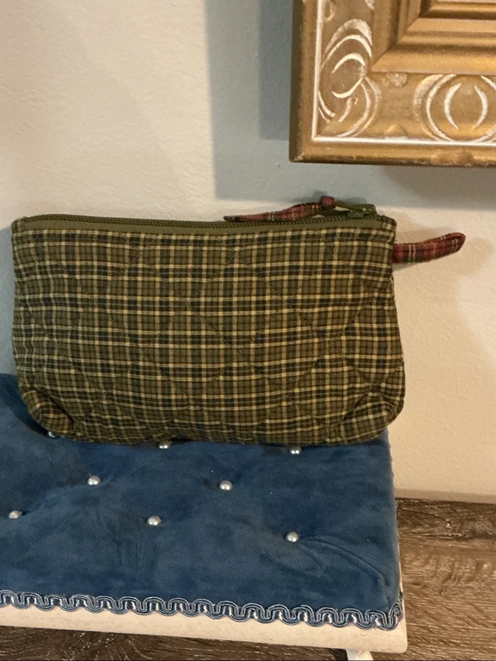 Bella Taylor Victorian Heart Olive Plaid Cosmetic Pouch Bag 7” x 4” x 1.25” EUC